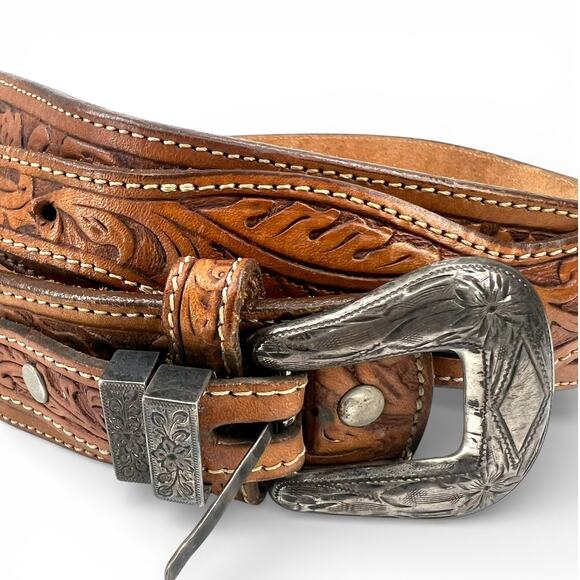 VINTAGE 90\'s Nocona 34 (M) Tooled Western Leather Silver-Tone Buckle Belt main image 9
